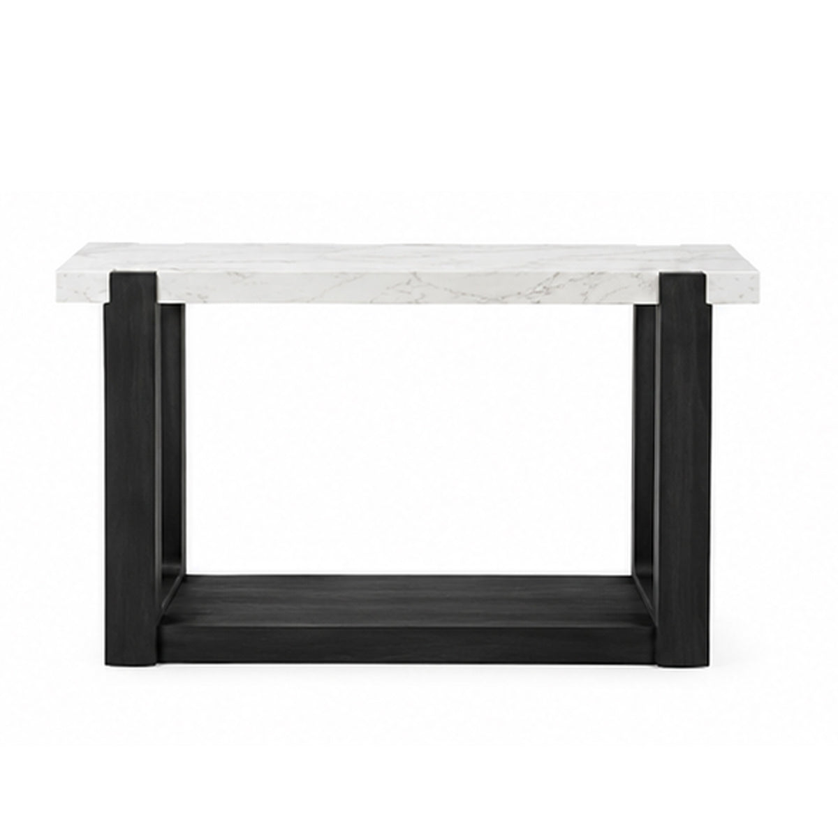 Sane Sofa Console Table, 50 Inch White Faux Marble Top with Shelf, Black  - BM353304