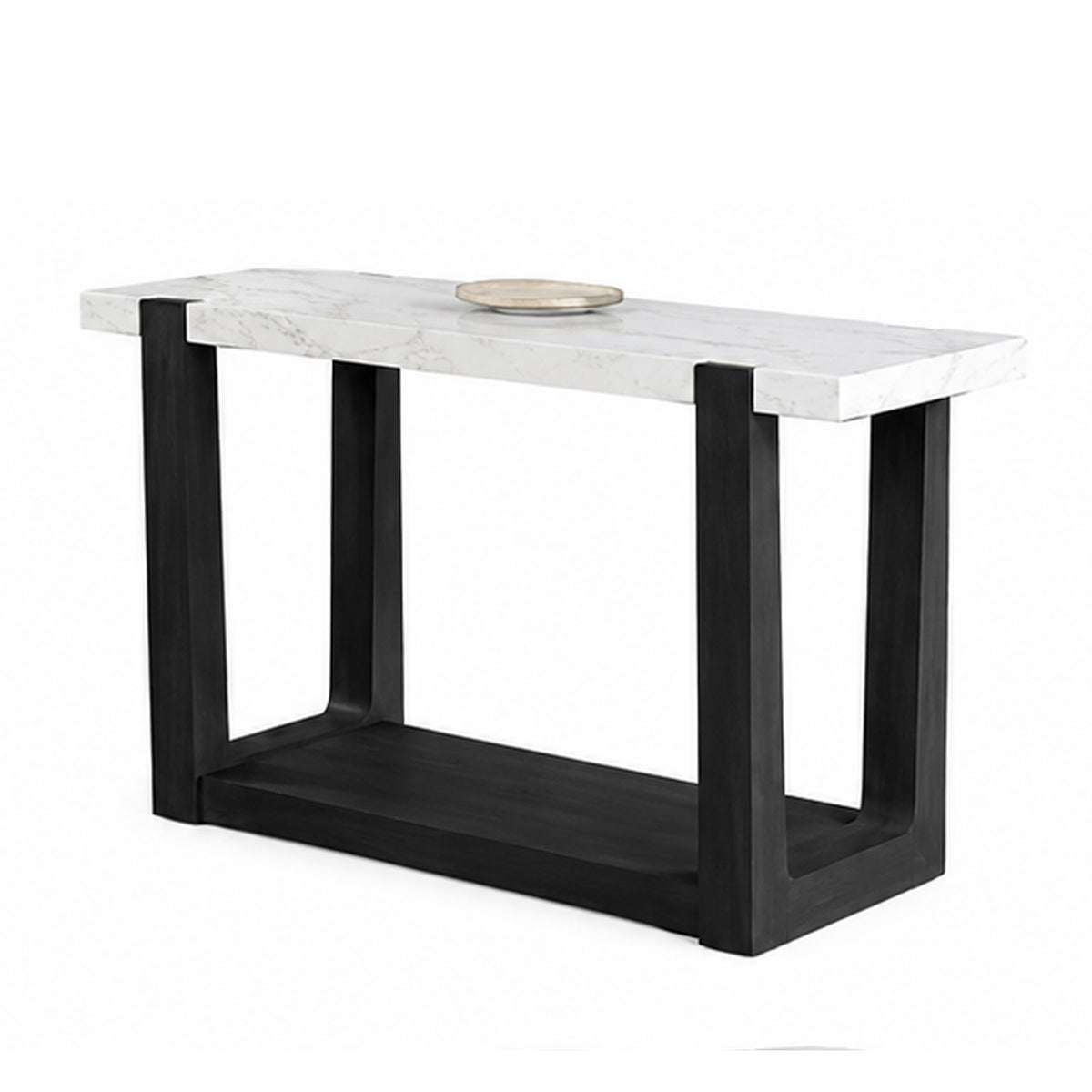 Sane Sofa Console Table, 50 Inch White Faux Marble Top with Shelf, Black  - BM353304