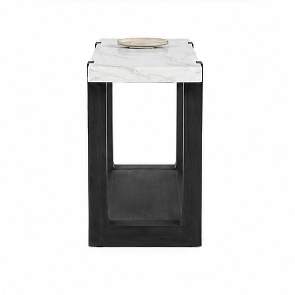 Sane Sofa Console Table, 50 Inch White Faux Marble Top with Shelf, Black  - BM353304