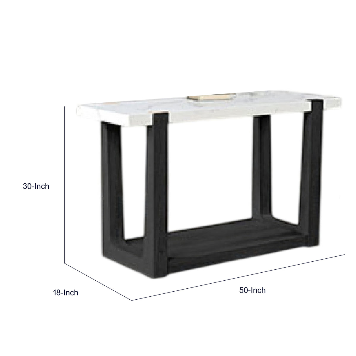 Sane Sofa Console Table, 50 Inch White Faux Marble Top with Shelf, Black  - BM353304
