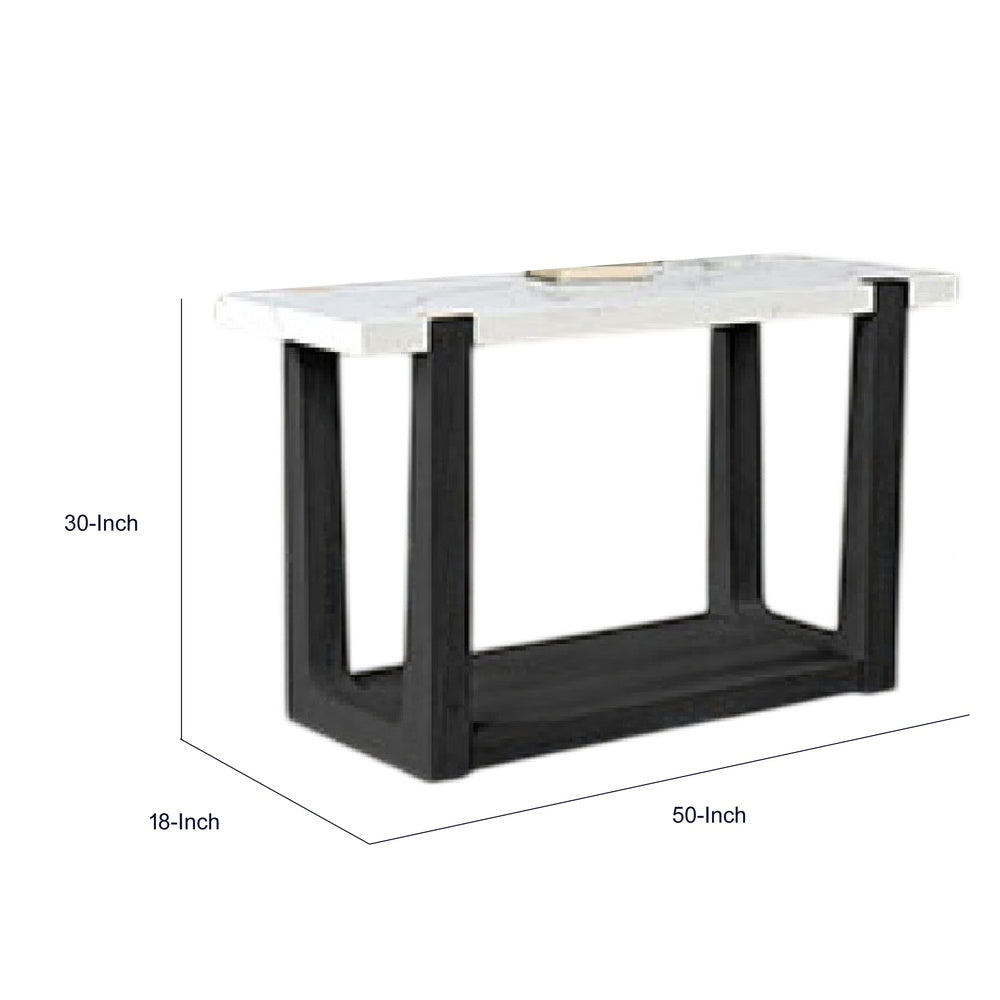 Sane Sofa Console Table, 50 Inch White Faux Marble Top with Shelf, Black  - BM353304