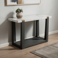 Sane Sofa Console Table, 50 Inch White Faux Marble Top with Shelf, Black  - BM353304