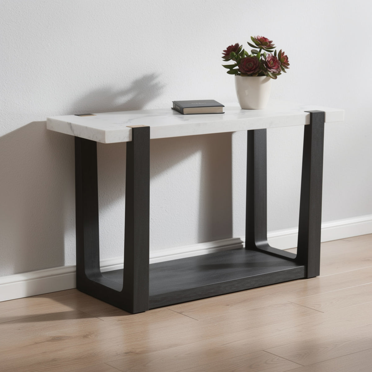 Sane Sofa Console Table, 50 Inch White Faux Marble Top with Shelf, Black  - BM353304