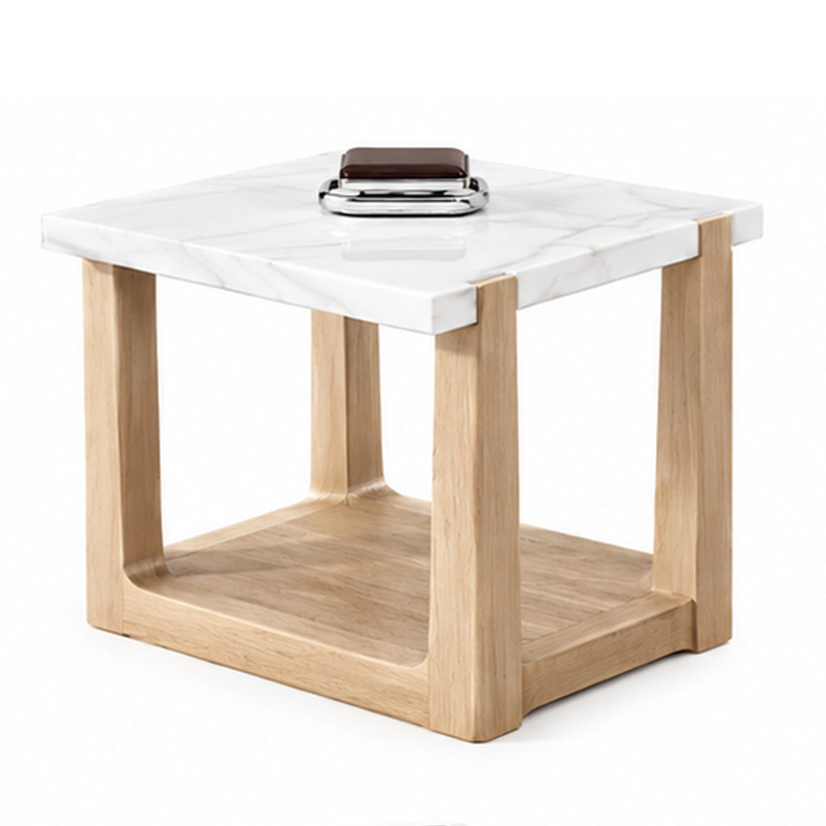 Sane Side End Table, 24 Inch White Faux Marble Top with Shelf, Brown  - BM353305