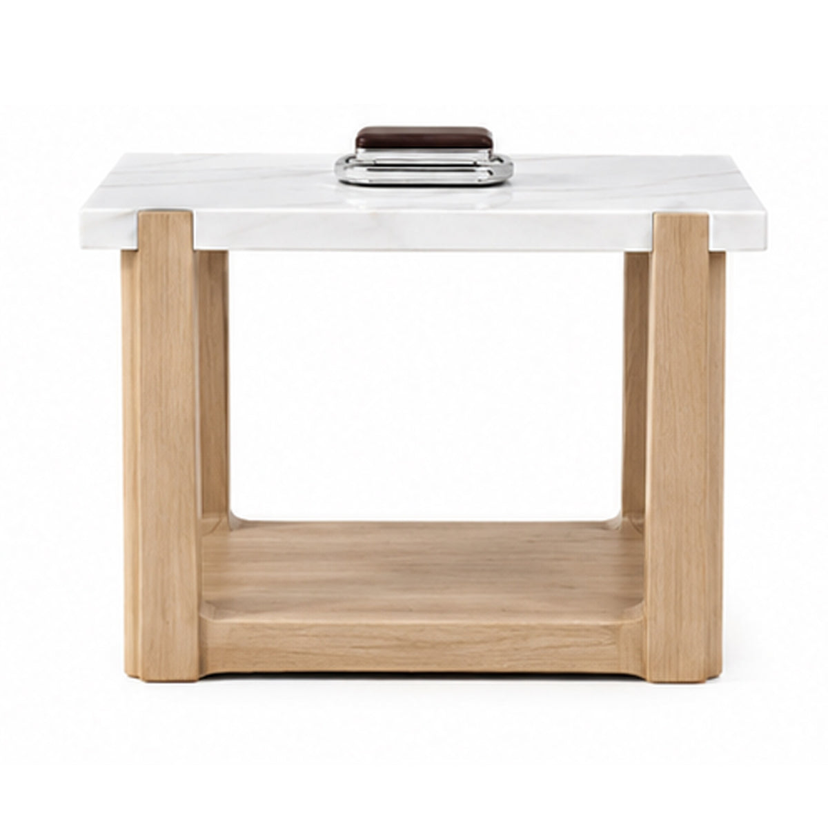Sane Side End Table, 24 Inch White Faux Marble Top with Shelf, Brown  - BM353305