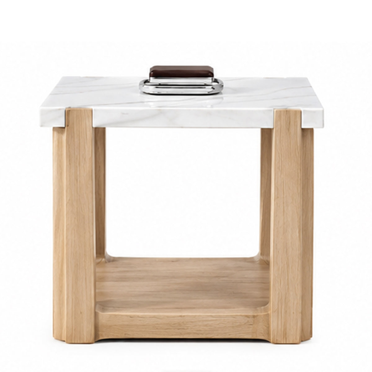 Sane Side End Table, 24 Inch White Faux Marble Top with Shelf, Brown  - BM353305