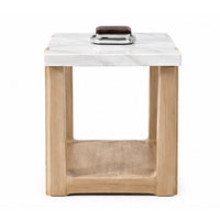 Sane Side End Table, 24 Inch White Faux Marble Top with Shelf, Brown  - BM353305