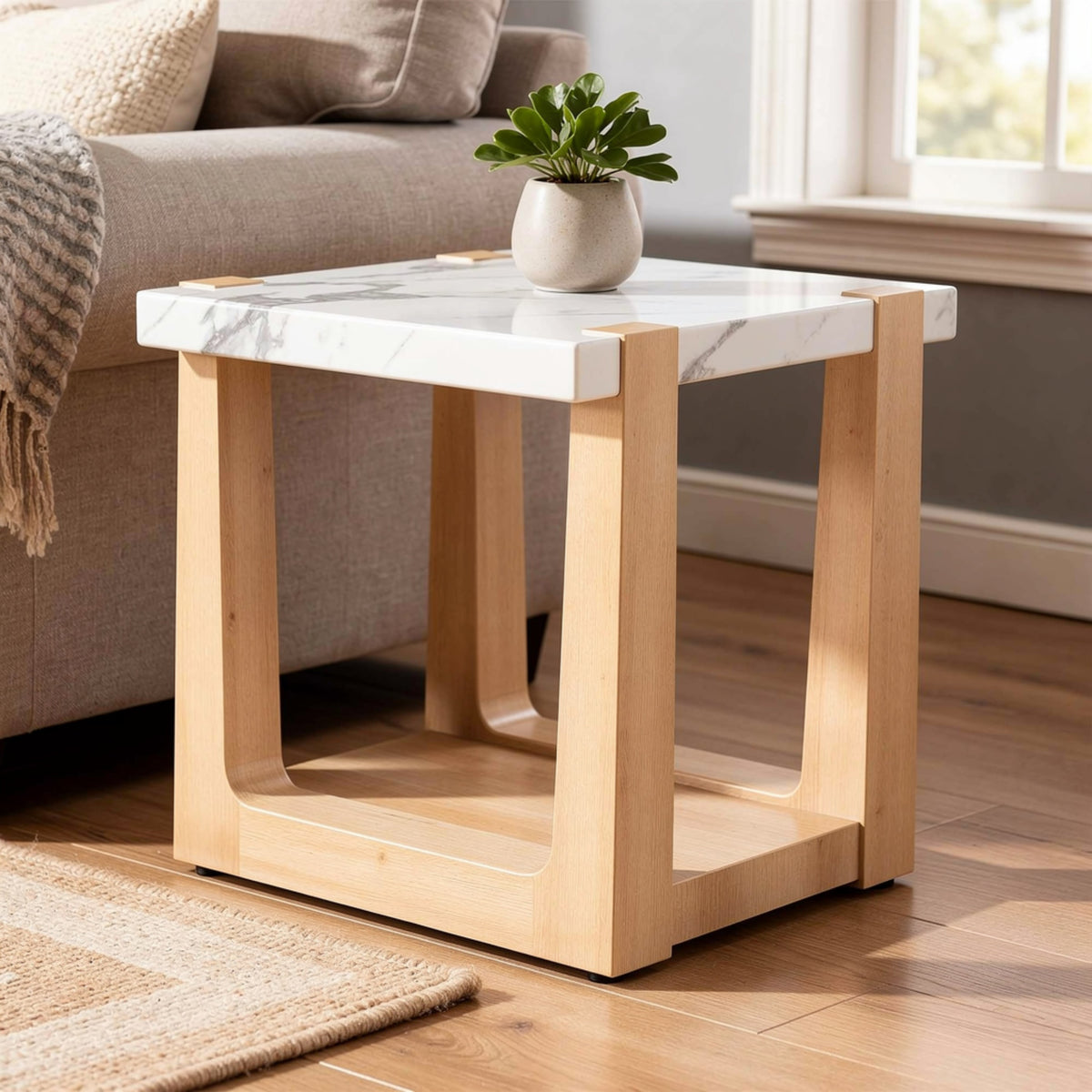 Sane Side End Table, 24 Inch White Faux Marble Top with Shelf, Brown  - BM353305