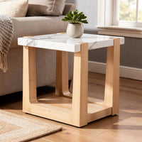 Sane Side End Table, 24 Inch White Faux Marble Top with Shelf, Brown  - BM353305