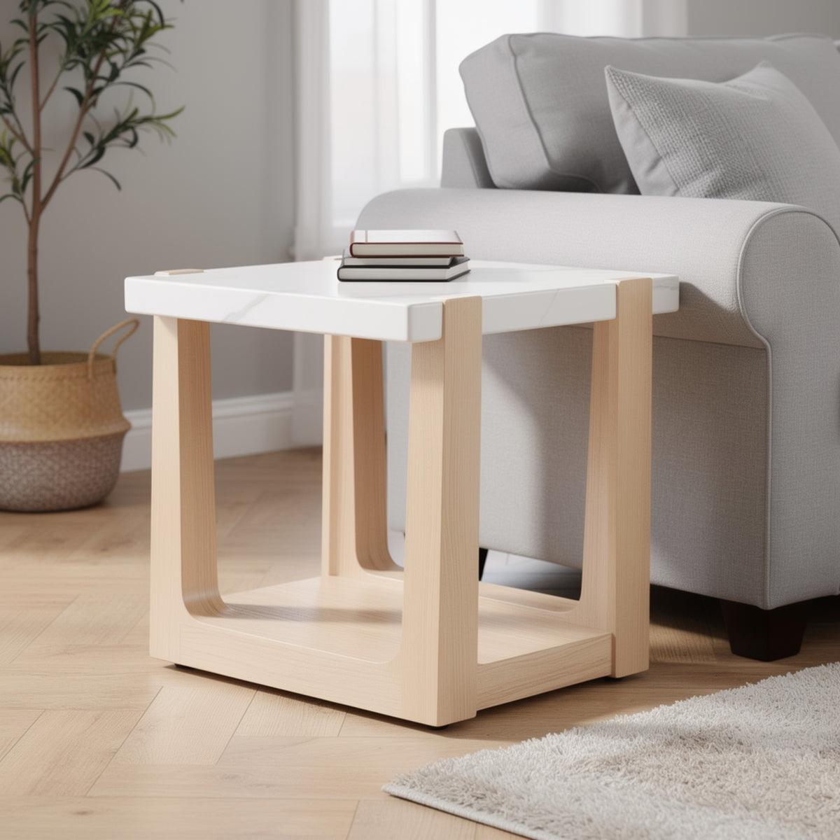 Sane Side End Table, 24 Inch White Faux Marble Top with Shelf, Brown  - BM353305