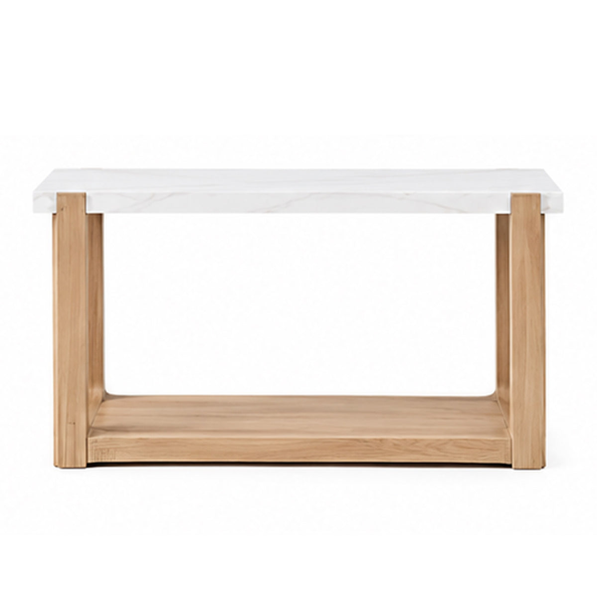 Sane Sofa Console Table, 50 Inch White Faux Marble Top with Shelf, Brown  - BM353306