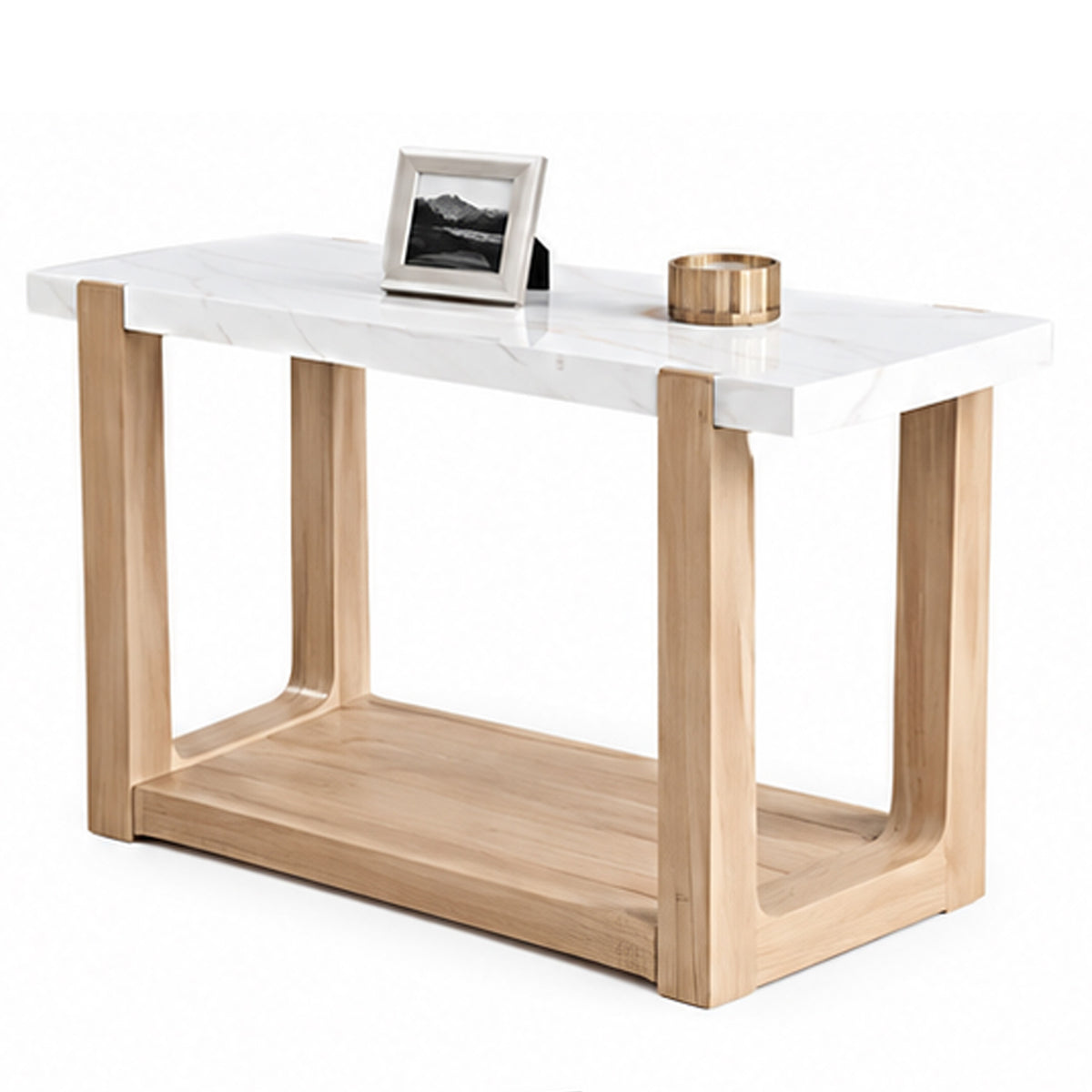 Sane Sofa Console Table, 50 Inch White Faux Marble Top with Shelf, Brown  - BM353306