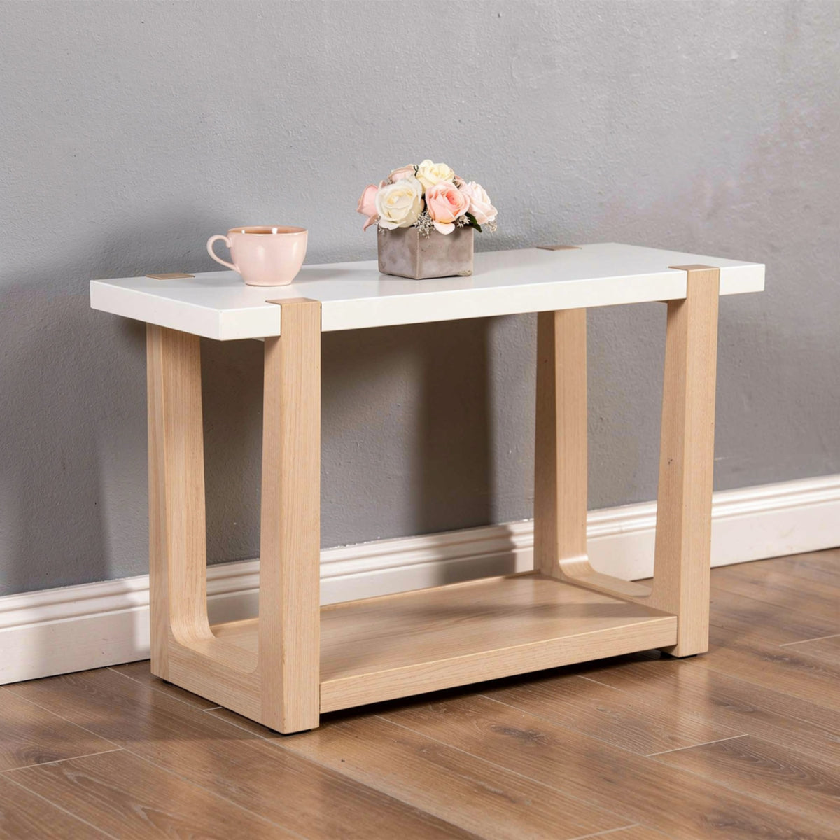 Sane Sofa Console Table, 50 Inch White Faux Marble Top with Shelf, Brown  - BM353306
