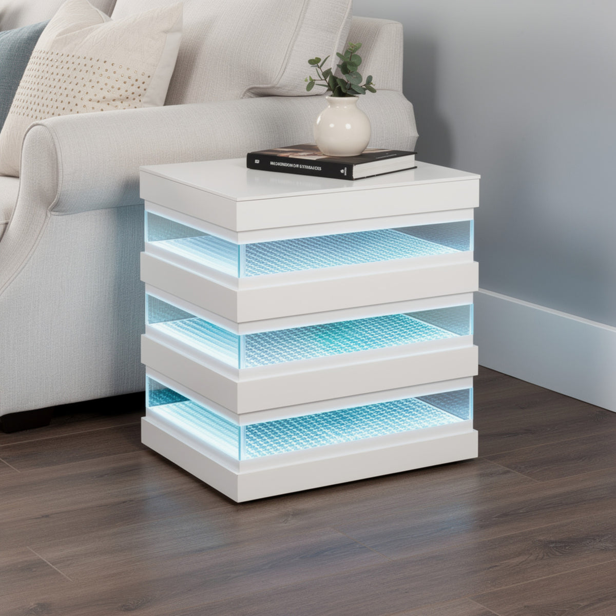 Lesi Side End Table, 20 Inch Glass Top, 2 Drawers, LED Glam White  - BM353309