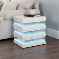 Lesi Side End Table, 20 Inch Glass Top, 2 Drawers, LED Glam White  - BM353309