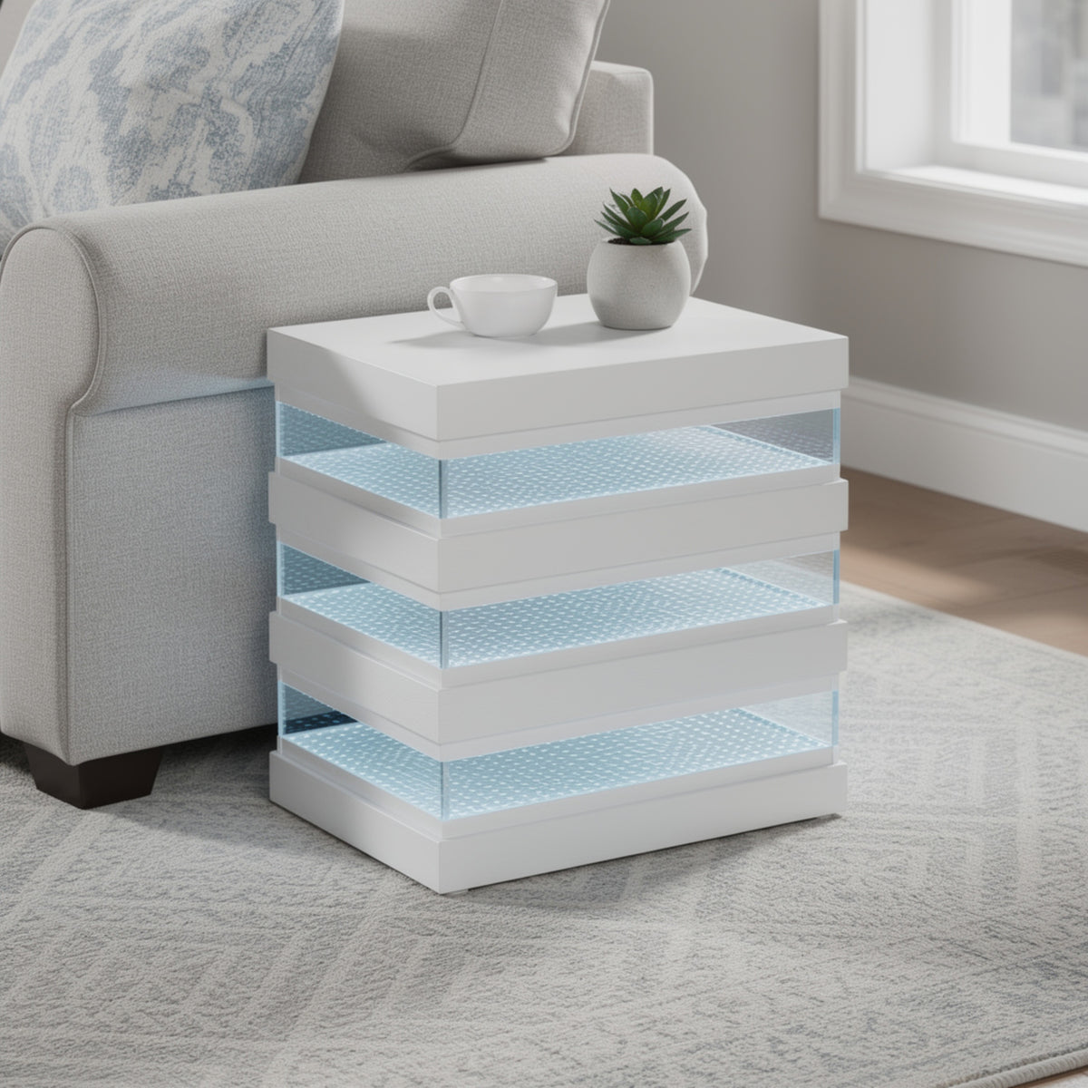Lesi Side End Table, 20 Inch Glass Top, 2 Drawers, LED Glam White  - BM353309