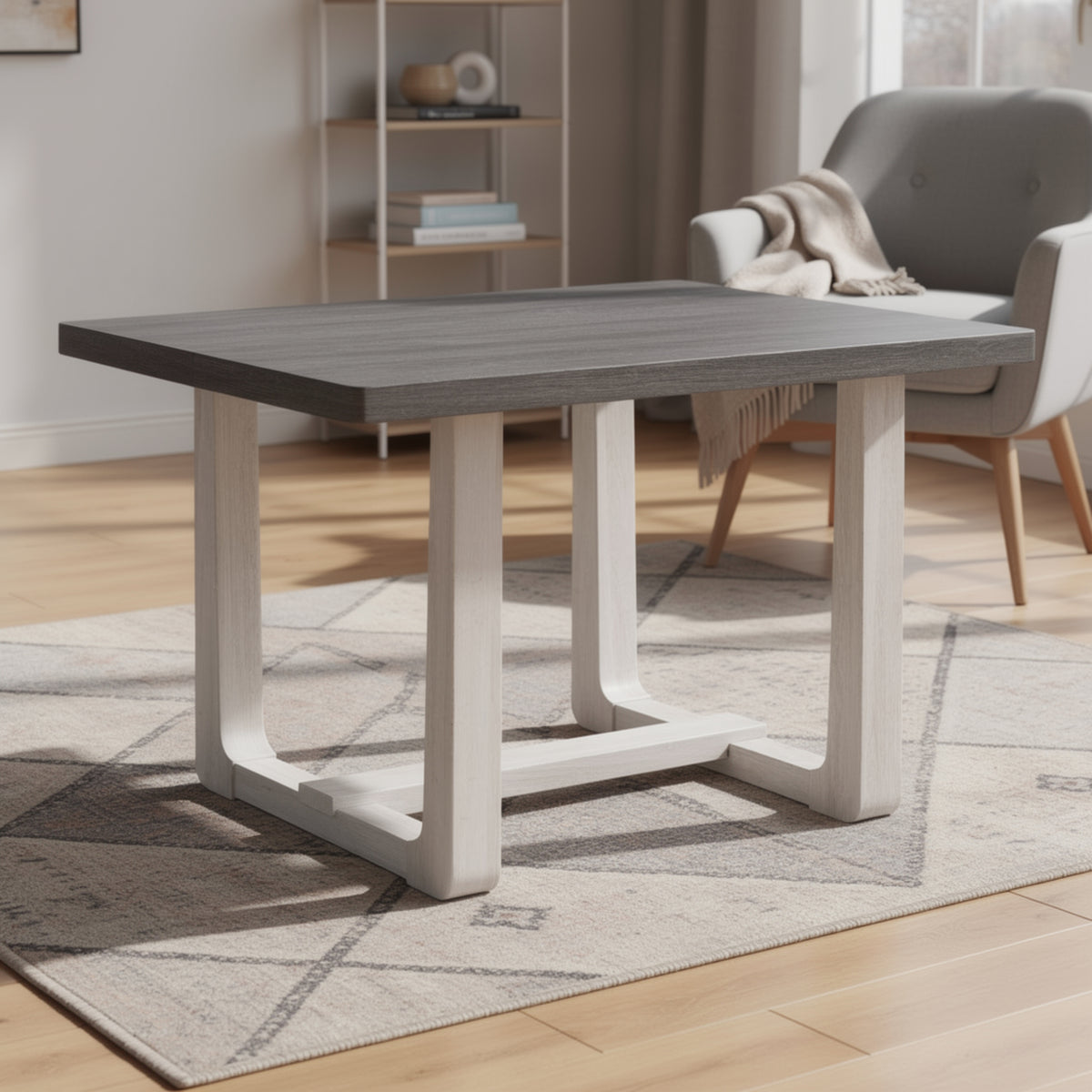 Sesa Dining Table, 48 Inch Rectangular Top, Trestle Base, Gray and White