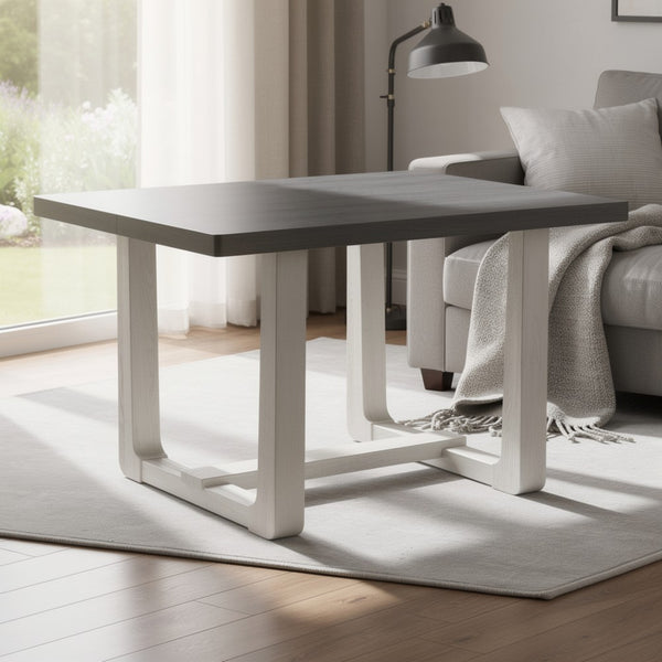 Sesa Dining Table, 48 Inch Rectangular Top, Trestle Base, Gray and White