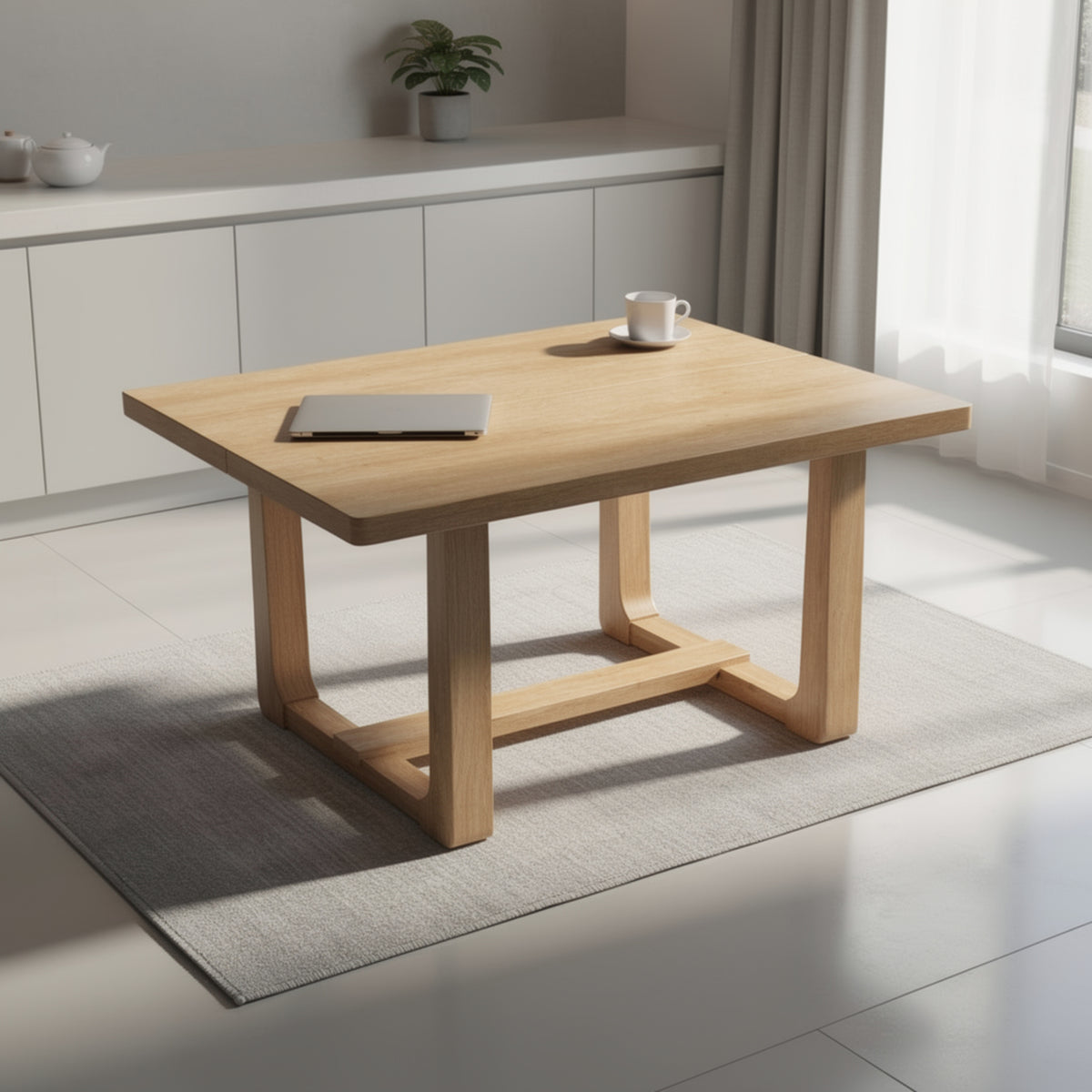Sesa Dining Table, 48 Inch Rectangular Top, Trestle Base, Natural Brown