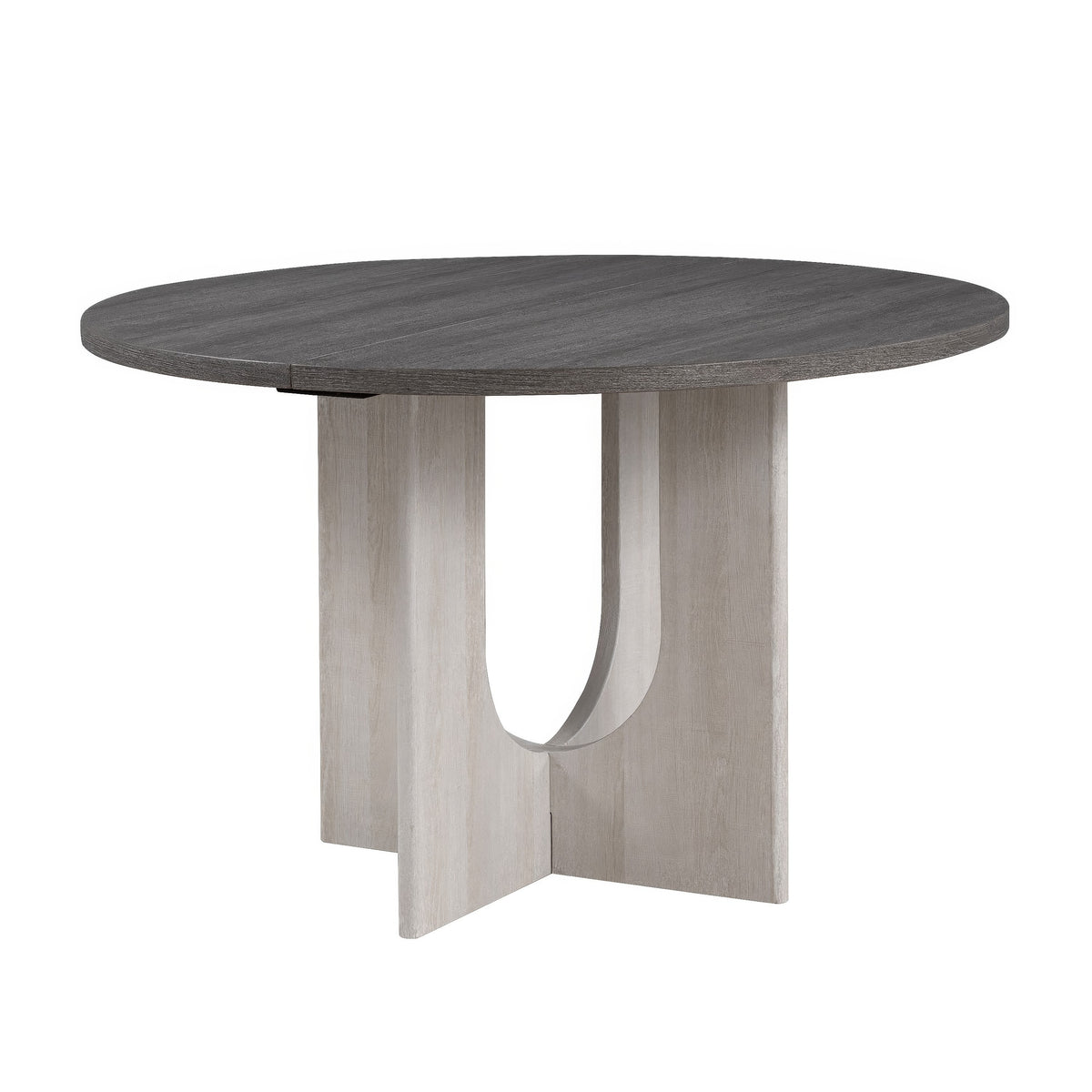 Kysa Dining Table, 47 Inch Gray Round Top, Cross U Pedestal Base, White  - BM353315