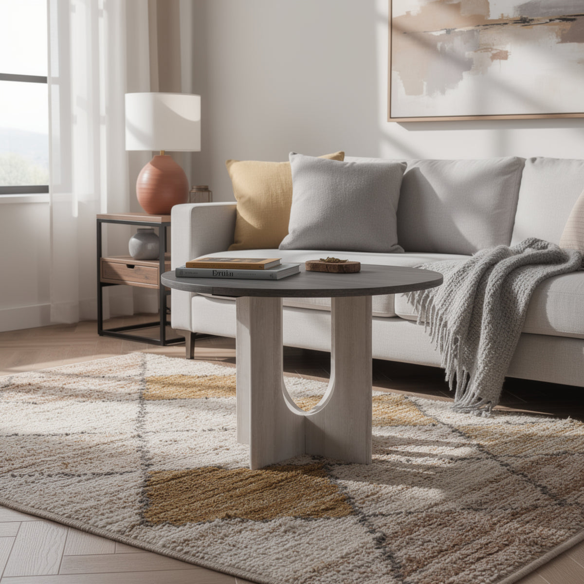 Kysa Dining Table, 47 Inch Gray Round Top, Cross U Pedestal Base, White  - BM353315