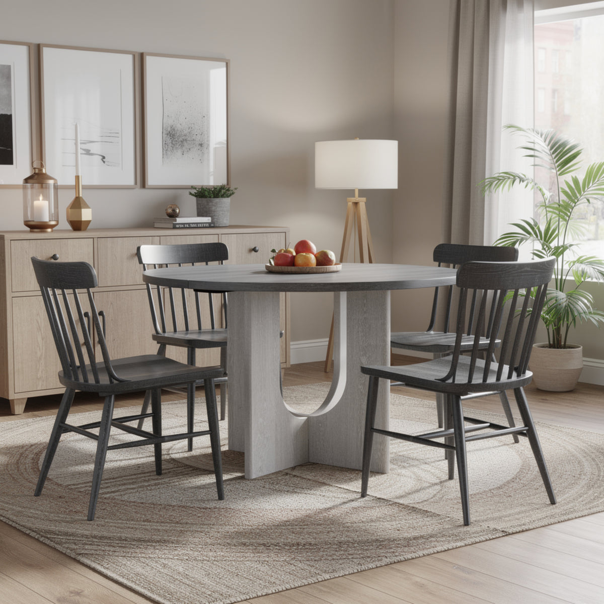 Kysa Dining Table, 47 Inch Gray Round Top, Cross U Pedestal Base, White  - BM353315