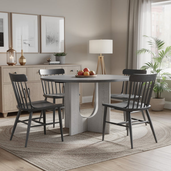 Kysa Dining Table, 47 Inch Gray Round Top, Cross U Pedestal Base, White  - BM353315