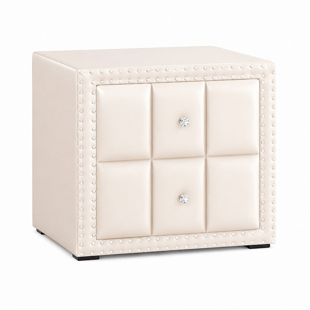 Fysa Nightstand, 2 Drawers, Crystal Knobs, Tufted Beige Upholstery - BM353320