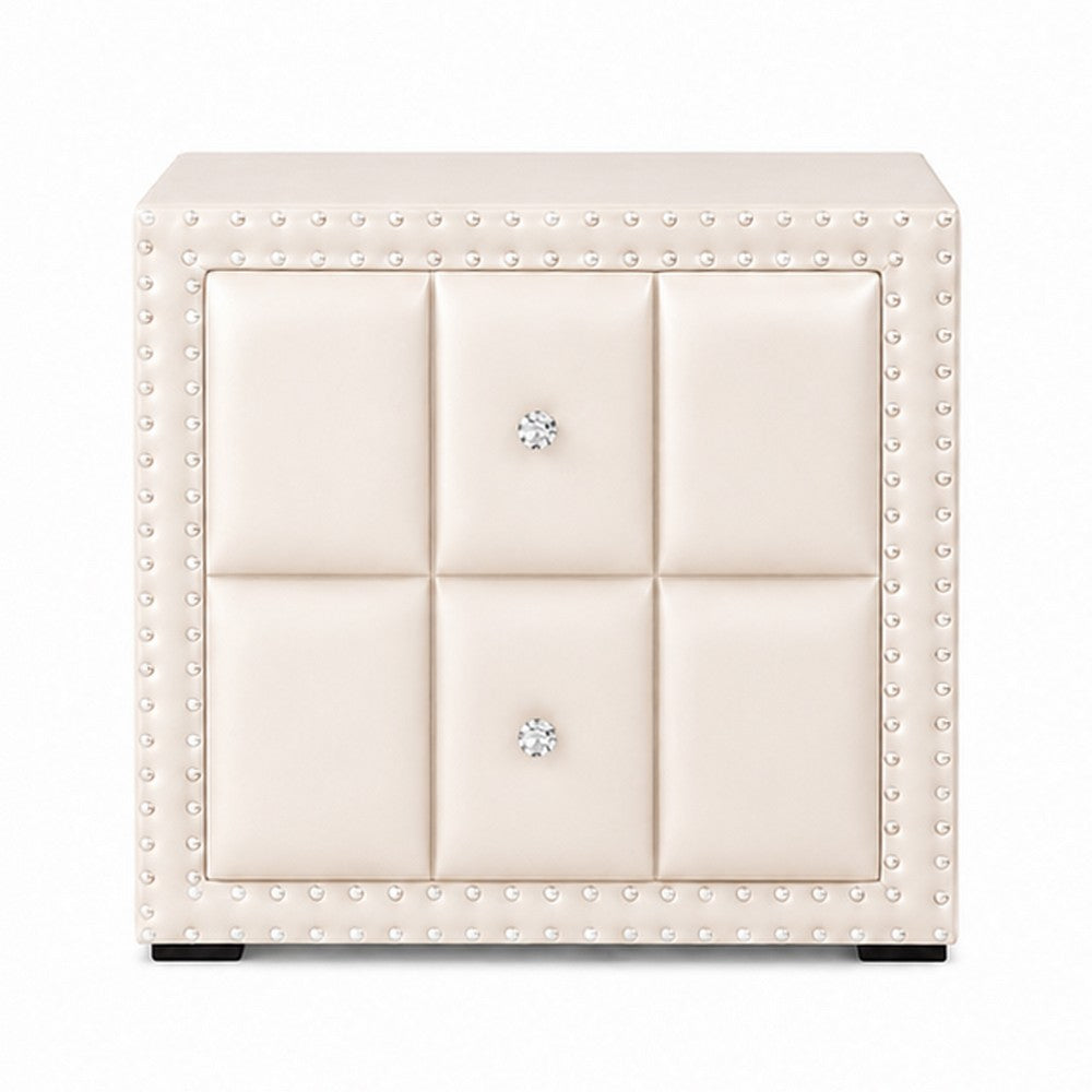 Fysa Nightstand, 2 Drawers, Crystal Knobs, Tufted Beige Upholstery - BM353320