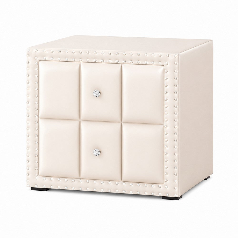 Fysa Nightstand, 2 Drawers, Crystal Knobs, Tufted Beige Upholstery - BM353320