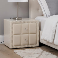 Fysa Nightstand, 2 Drawers, Crystal Knobs, Tufted Beige Upholstery - BM353320