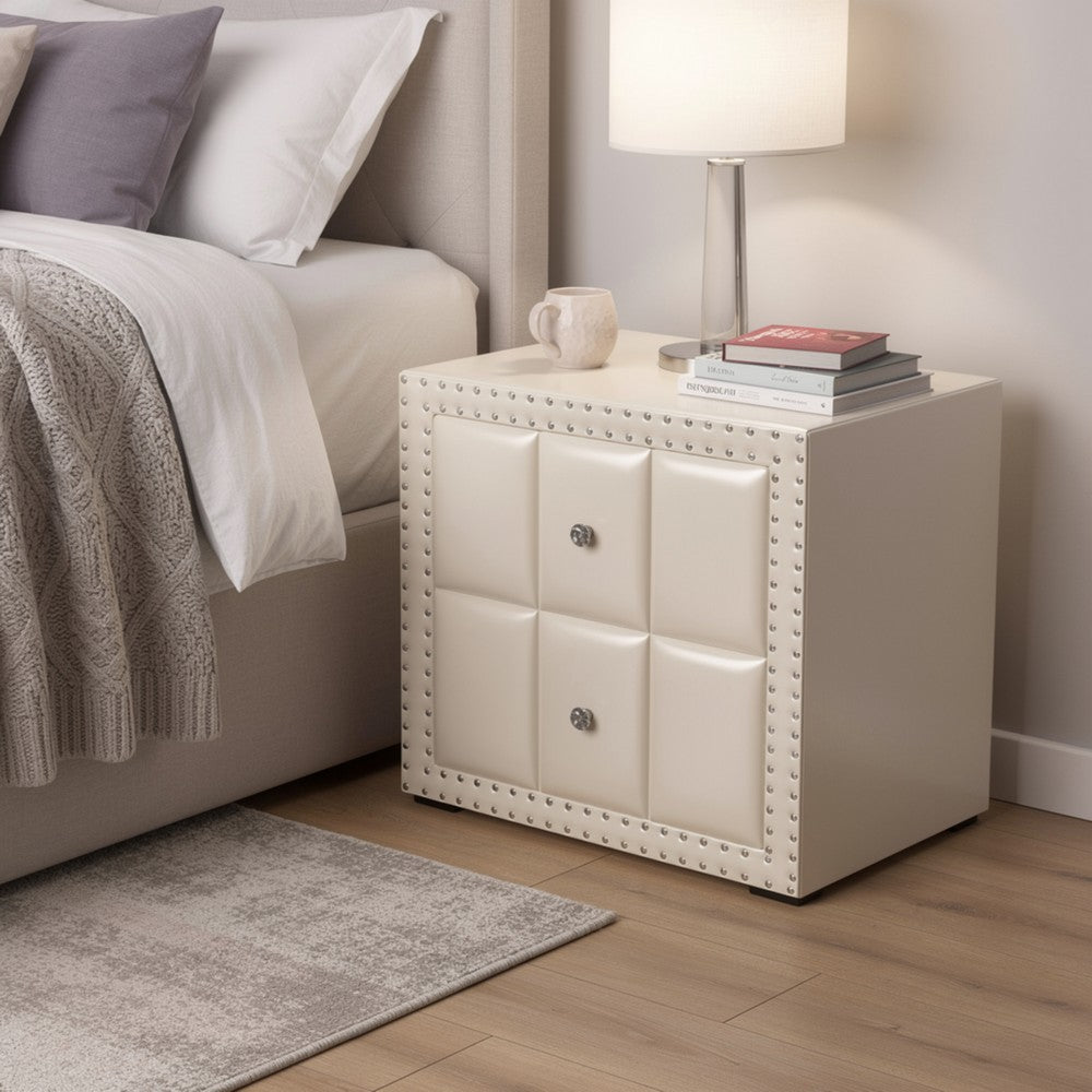 Fysa Nightstand, 2 Drawers, Crystal Knobs, Tufted Beige Upholstery - BM353320