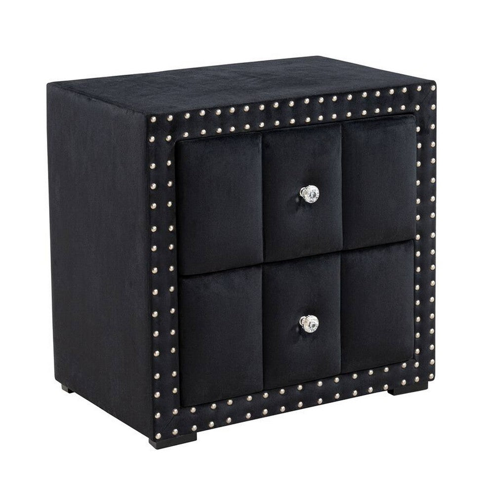 Fysa Nightstand, 2 Drawers, Crystal Knobs, Tufted Black Upholstery - BM353321