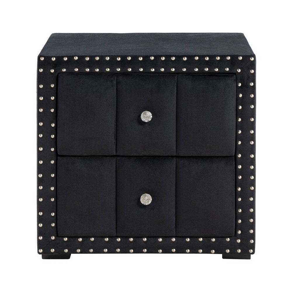 Fysa Nightstand, 2 Drawers, Crystal Knobs, Tufted Black Upholstery - BM353321