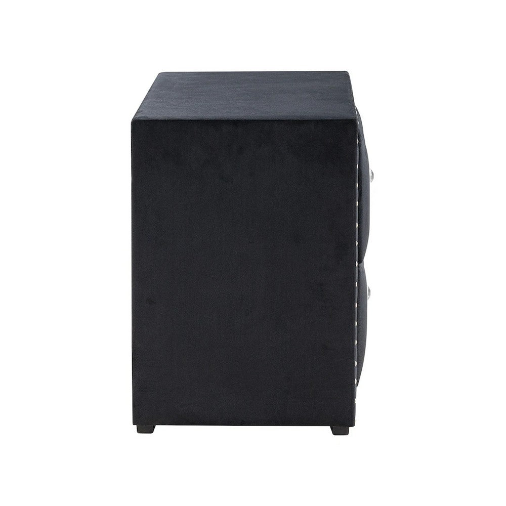 Fysa Nightstand, 2 Drawers, Crystal Knobs, Tufted Black Upholstery - BM353321