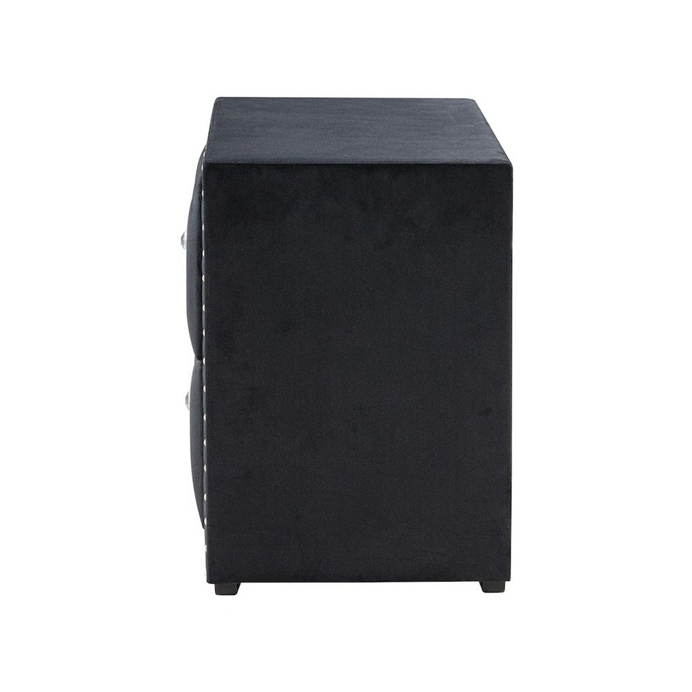 Fysa Nightstand, 2 Drawers, Crystal Knobs, Tufted Black Upholstery - BM353321