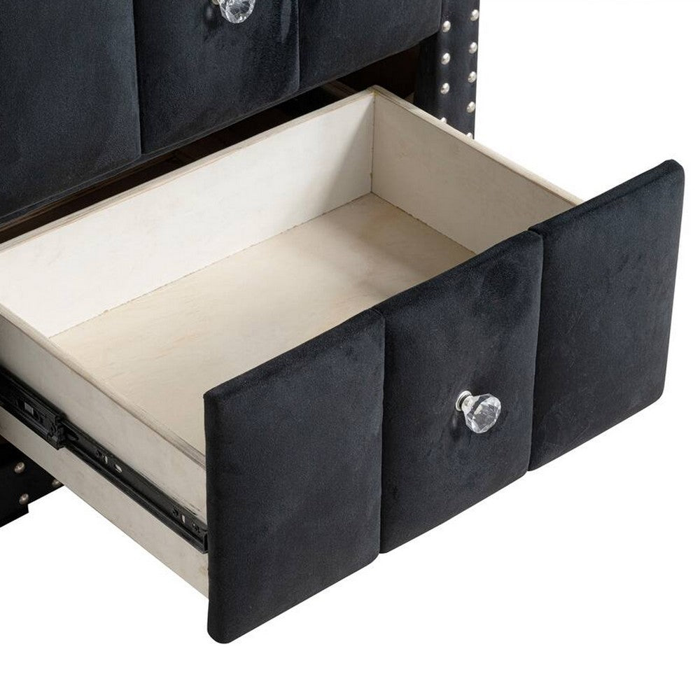 Fysa Nightstand, 2 Drawers, Crystal Knobs, Tufted Black Upholstery - BM353321