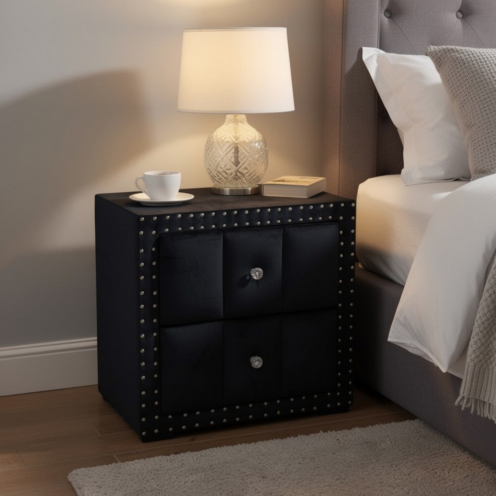 Fysa Nightstand, 2 Drawers, Crystal Knobs, Tufted Black Upholstery - BM353321