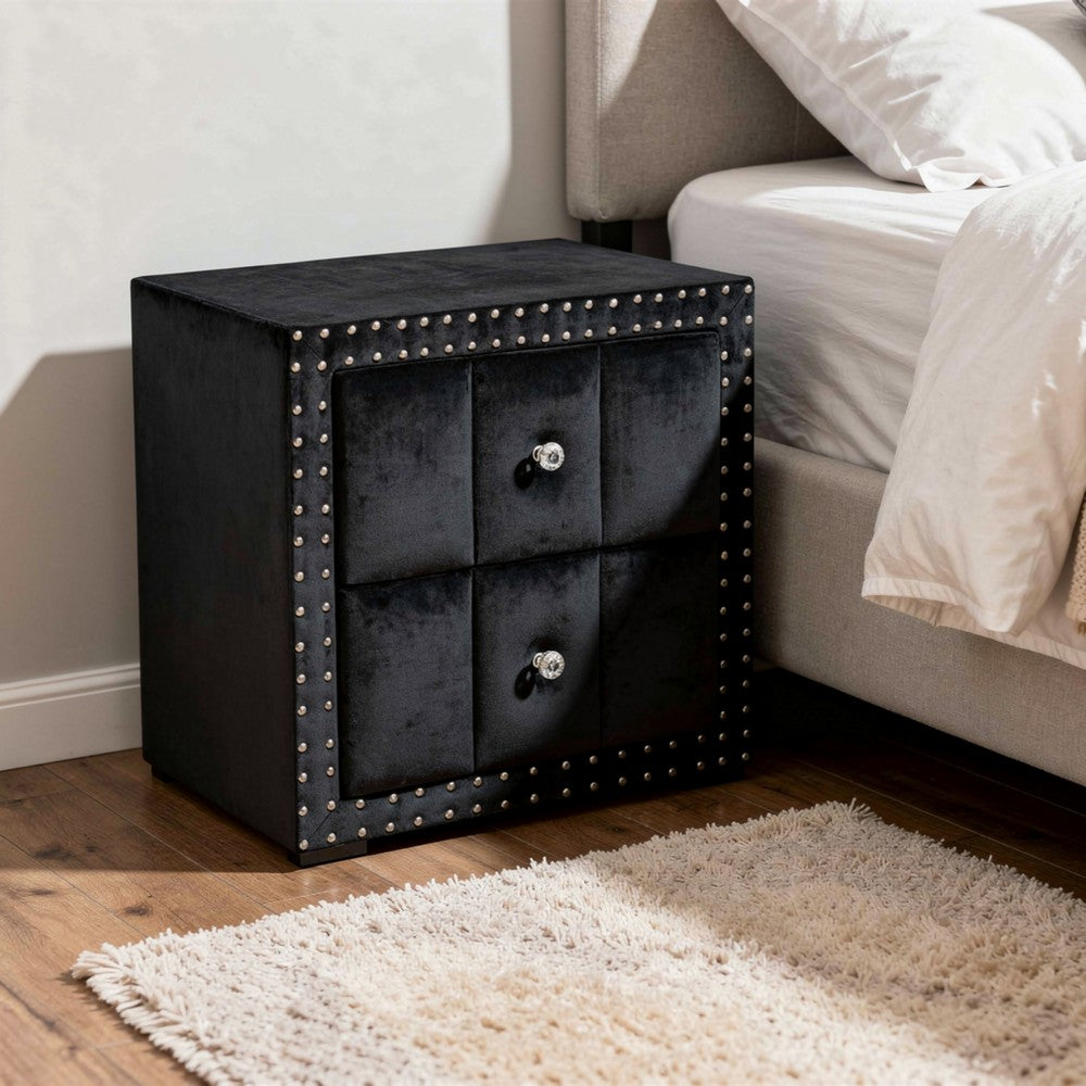Fysa Nightstand, 2 Drawers, Crystal Knobs, Tufted Black Upholstery - BM353321