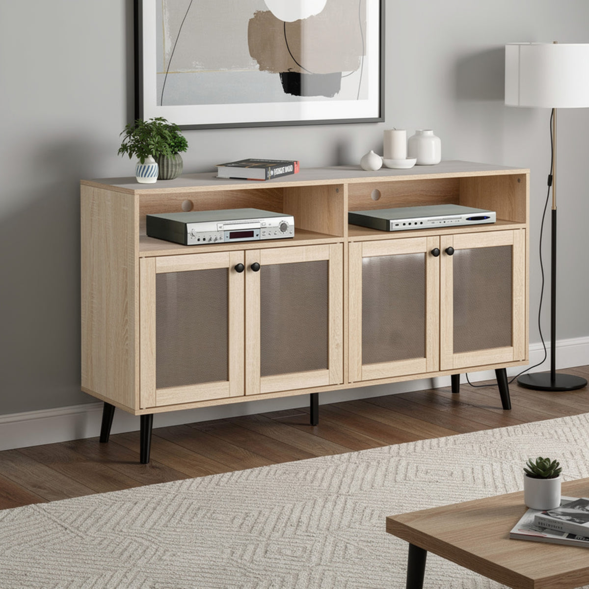 Iho TV Stand Media Cabinet, 4 Doors, Black Legs, 56 Inch Natural Brown  - BM353322