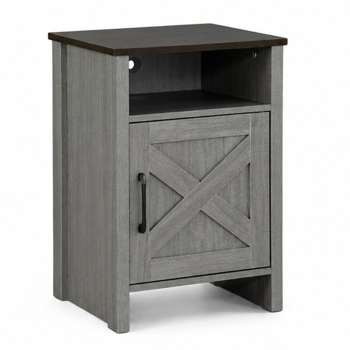 Gera Side Table, 16 Inch Dark Brown Top, X Barn Door, Open Shelf, Gray  - BM353323