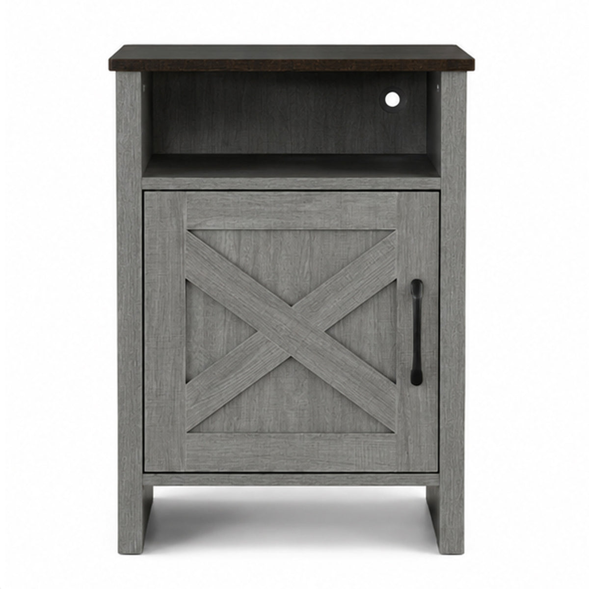 Gera Side Table, 16 Inch Dark Brown Top, X Barn Door, Open Shelf, Gray  - BM353323