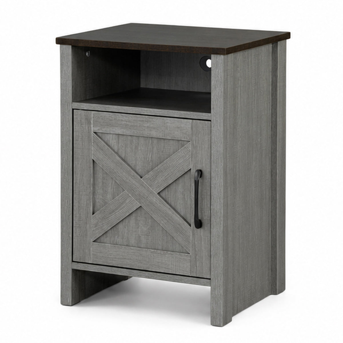 Gera Side Table, 16 Inch Dark Brown Top, X Barn Door, Open Shelf, Gray  - BM353323