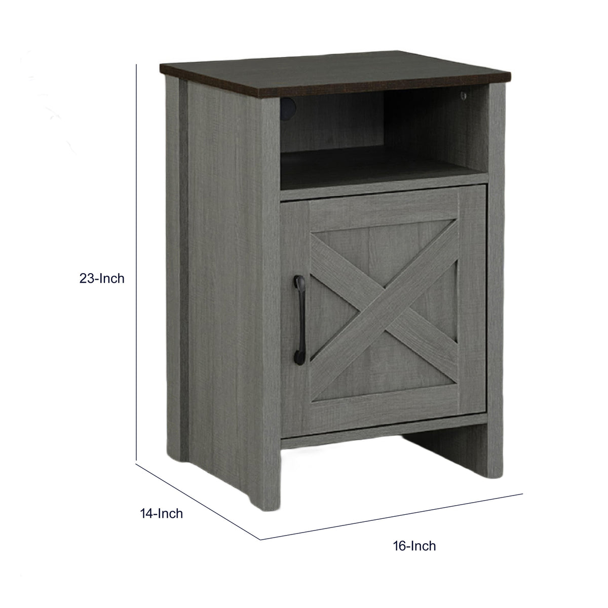 Gera Side Table, 16 Inch Dark Brown Top, X Barn Door, Open Shelf, Gray  - BM353323
