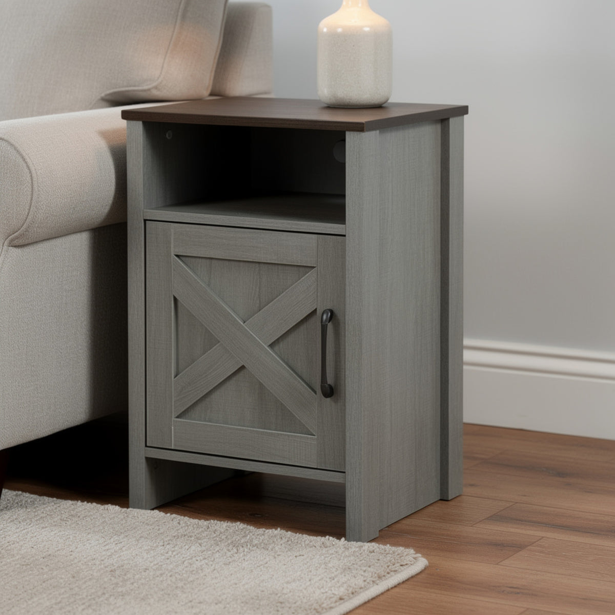 Gera Side Table, 16 Inch Dark Brown Top, X Barn Door, Open Shelf, Gray  - BM353323