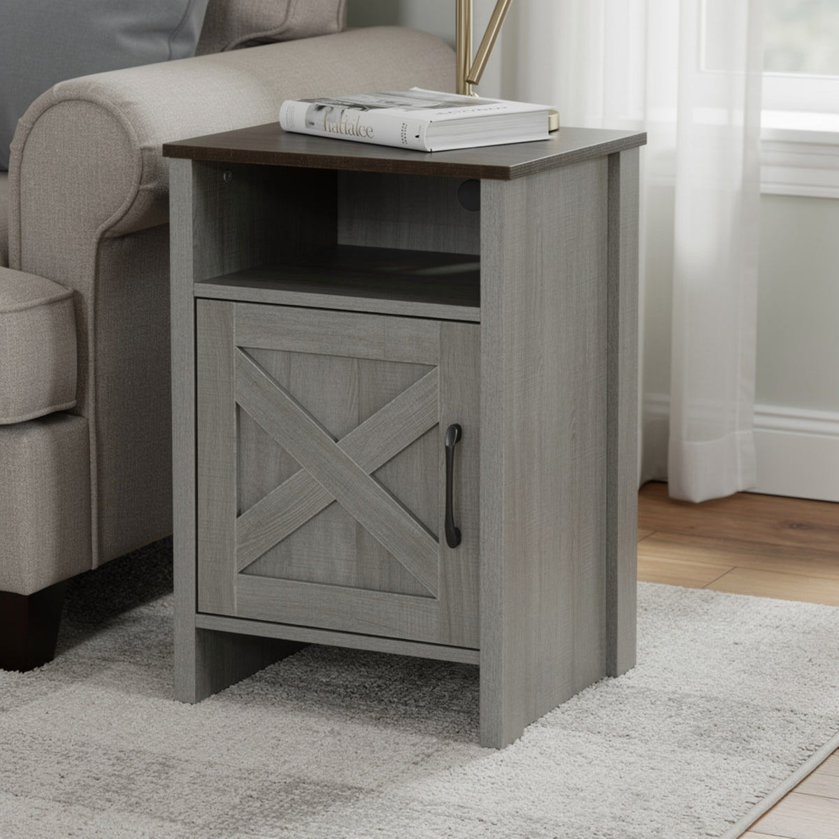 Gera Side Table, 16 Inch Dark Brown Top, X Barn Door, Open Shelf, Gray  - BM353323
