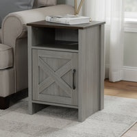 Gera Side Table, 16 Inch Dark Brown Top, X Barn Door, Open Shelf, Gray  - BM353323