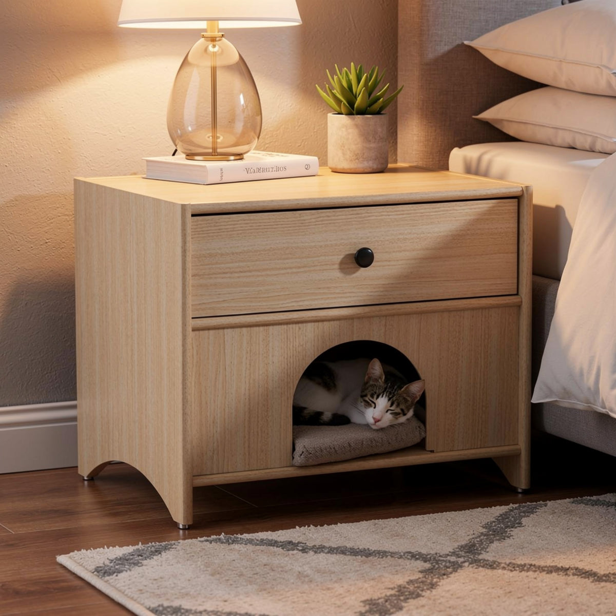 Cera Side End Table with Pet Nook, 1 Drawer, 16 Inch Natural Brown  - BM353324