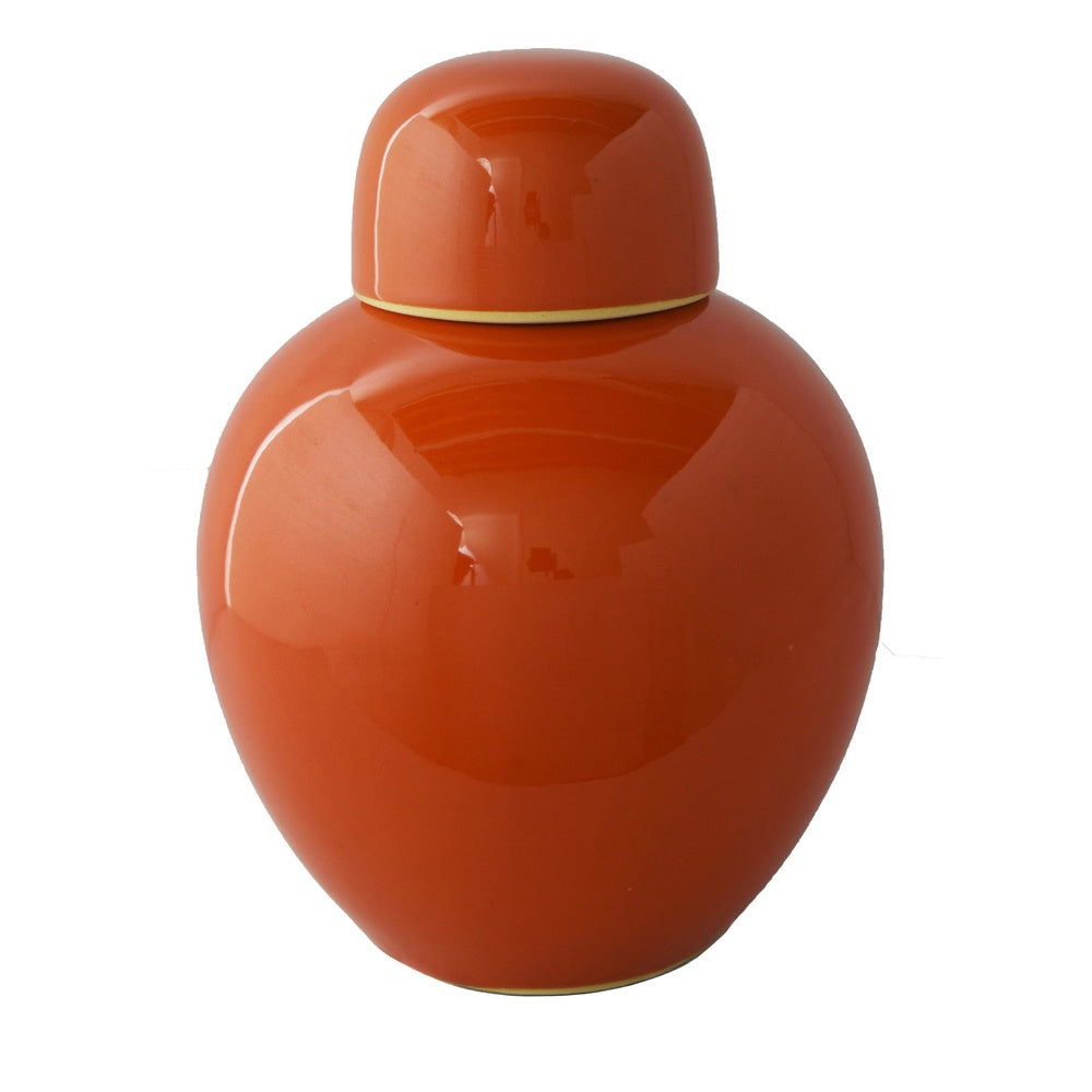 Decorative Ginger Jar with Dome Lid, Orange Glazed Ceramic, 11 Inch-BM353395