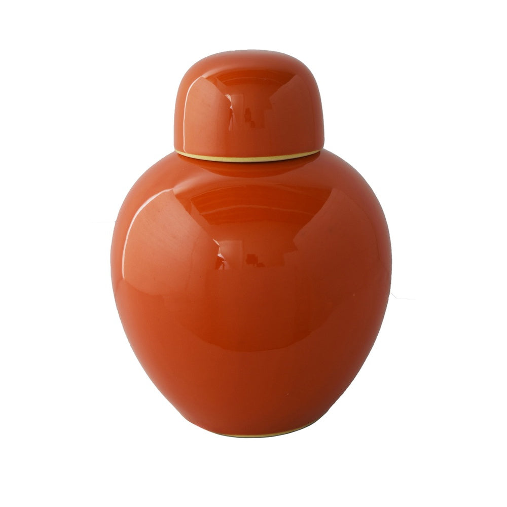 Decorative Ginger Jar with Dome Lid, Orange Glazed Ceramic, 11 Inch-BM353395